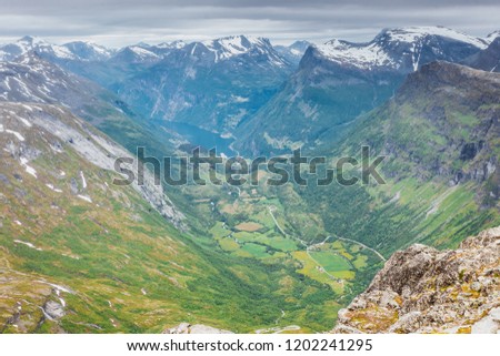 Tourism vacation and travel. Fantastic view on Geirangerfjord and mountains landscape from the Dalsnibba Plateau viewpoint, Norway Scandinavia.