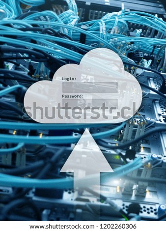 Cloud storage, data access, login and password request window on server room background. Internet and technology concept.