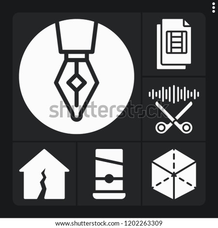 Set of 6 paper filled icons such as guillotine, scissors, video file, cube, pen