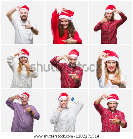 Collage of group of people wearing chrismast hat over isolated background smiling making frame with hands and fingers with happy face. Creativity and photography concept.