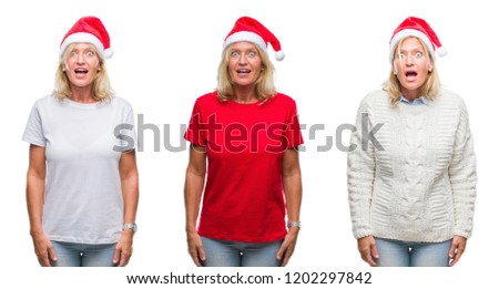 Collage of beautiful middle age blonde woman wearing christmas hat over white isolated backgroud afraid and shocked with surprise expression, fear and excited face.