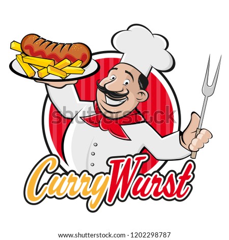 happy chef serving german currywurst