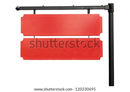 Blank red hanging signs on a steel pole.