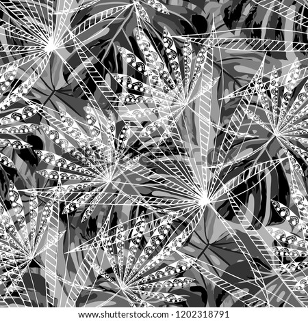 Tropical Leaves. Seamles Pattern with Indian Rainforest. Vintage Black and White Texture for Paper, Swimwear, Cloth. Vector Tropical Pattern.