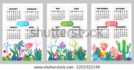 2019 quarter calendar. Simple template on colorful background with tropical plants and flowers. Trendy stationery design. On white background.