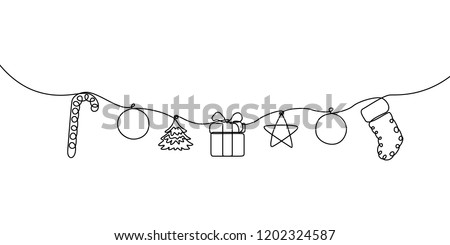 Continuous line hanging candy, ball, christmas tree, gift box, star and sock. Merry Christmas and Happy New Year theme. Vector illustration. 