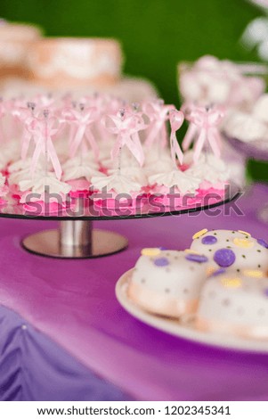 Candy bar for the first birthday for little baby girl. Sweet table and nice pink sweets with little bounds.