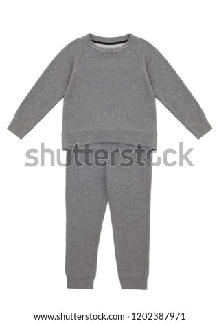 Baby beautiful set, pajamas, pants and jacket with long sleeves, gray, layout, clipping, isolated on white background, ghost mannequin, blank Royalty-Free Stock Photo #1202387971