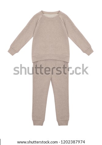 Baby beautiful set, sporty suit, pajamas, pants and jacket with long sleeves, beige, layout, clipping, isolated on white background, ghost mannequin, blank Royalty-Free Stock Photo #1202387974