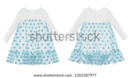 Luxury set, baby dress, transparent mesh, white long sleeve, polka dot, lace, short sleeve, front and back layout, clipping, isolated on white background, ghost mannequin, blank, blue