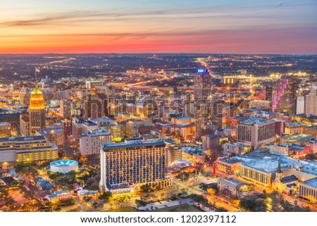 San Antonio, Texas, USA downtown skyline from above at dusk.