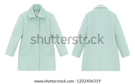 Luxurious set, warm wool baby coat, long sleeve, turquoise, front and back layout, clipping, isolated on white background, ghost mannequin, blank
