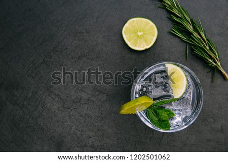 Gin tonic cocktail drink with ice glass green lime on dark background