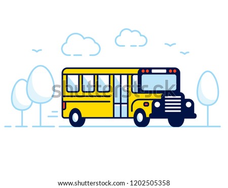 Classic yellow school bus illustration in modern flat design style. Back to school banner.