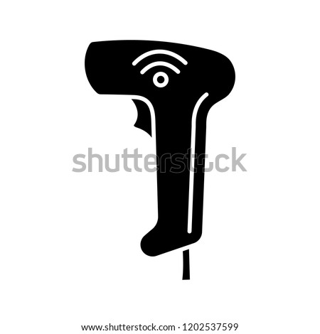 Wireless barcode scanning glyph icon. Wifi bar codes handheld scanner. Barcodes reading device. Silhouette symbol. Negative space. Vector isolated illustration
