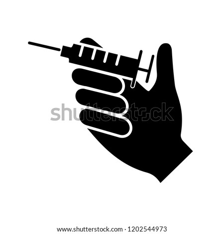 Injection glyph icon. Hand holding syringe. Doctor’s hand. Neurotoxin injection. Vaccination. Treatment. Silhouette symbol. Negative space. Vector isolated illustration