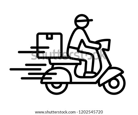Shipping fast delivery man riding motorcycle icon symbol, Pictogram flat outline design for apps and websites, Track and trace processing status, Isolated on white background, Vector illustration