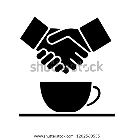 Successful business deal, partnership glyph icon. Coffee meeting. Successful business lunch. Coffee break. Handshake and hot drink. Silhouette symbol. Negative space. Vector isolated illustration