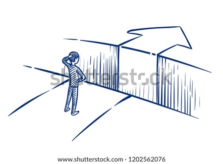 Business challenge concept. Businessman overcomes obstacle chasm on way to success. Hand drawn vector illustration. Achievement and challenge, businessman obstacle overcoming Royalty-Free Stock Photo #1202562076
