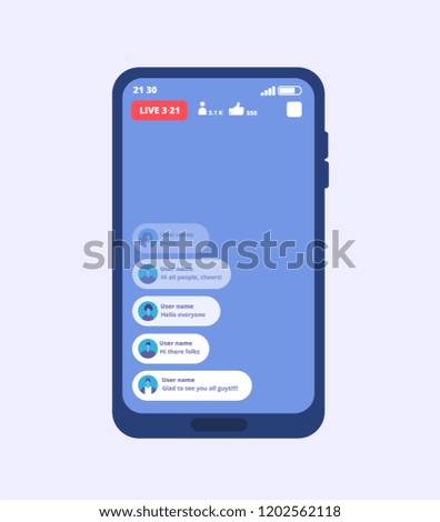 Smartphone live video stream. Streaming videos on cellphone with ui inspired by facebook. Vector template video broadcast, play multimedia stream, online smartphone stream illustration