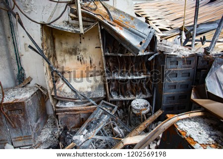 Furniture of a factory damaged by fire / Damage caused by fire - Burnt interior