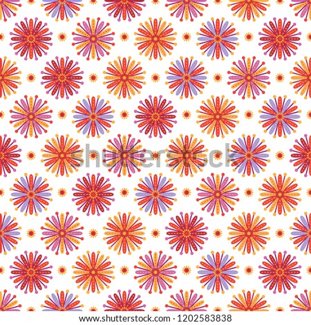 Seamless background with flowers with multicolored petals on white backdrop