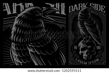 Black Raven on the skull. Vector illustration of print for the shirts on the dark background. Layered, text is on the separate group.