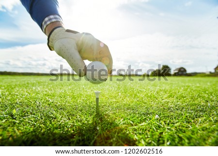 Gloved hand of golf player putting ball on tee before start of game in natural environment