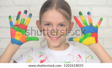 Child Playing Painted Hands Looking in Camera, Smiling School Girl Face, Kids