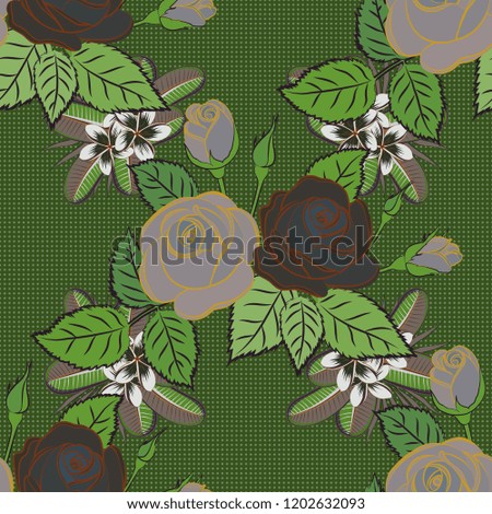 Cute background. Graphic modern pattern. Geometric leaf ornament. Seamless abstract floral pattern in brown, green and gray colors. Seamless pattern with rose flowers and green leaves.