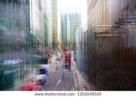 Blurred image of corporate buildings in Canary Wharf. London, UK