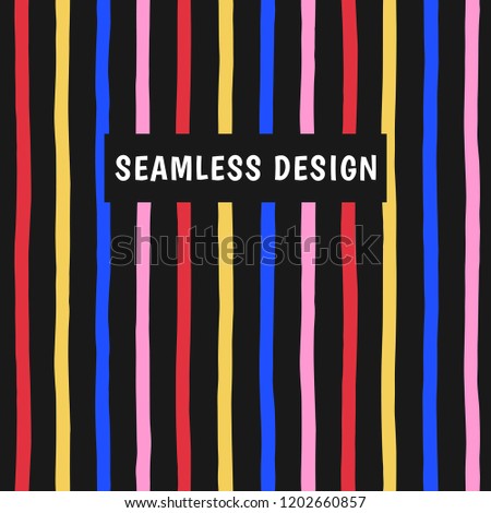 Doodle style four-color parallel stripes seamless repeat vector pattern. Free hand drawn uneven colorful streaks, bars, lines, strips. Regular multicolored striped texture, modern background, template