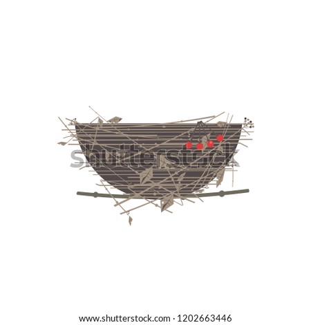 Bird nest icon. Cute Comic flat cartoon. Minimalism simplicity wildlife design. Birdhouse straw grass basket, tree branch. Birds home silhouette. Scavenging birdwatching card element background