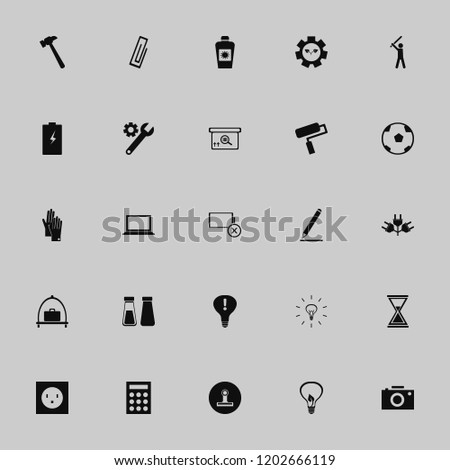 equipment icon. equipment vector icons set soccer ball, paint roller, empty battery and baseball player
