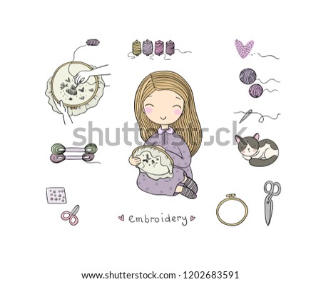 Cute cartoon girl embroiders a beautiful pattern. Sewing kit. isolated objects on white background. Vector illustration. 