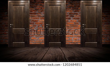 Old brick wall and wooden door, oak