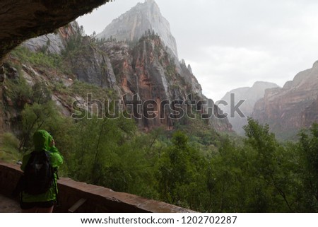 Woman in waterproof jacket taking pictures of Zion Canyon during heavy rain
