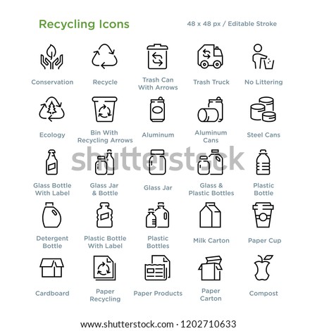 Recycling Icons - Outline styled icons, designed to 48 x 48 pixel grid. Editable stroke.