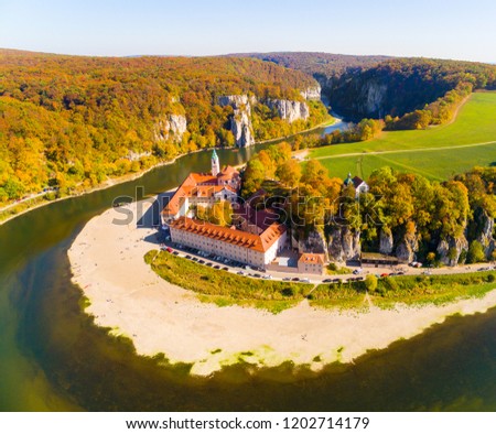 Aerial view to Weltenburg Abbey - Kloster Weltenburg. This landmark is a Benedictine monastery in Weltenburg in Kelheim on the Danube in Bavaria, Germany.
