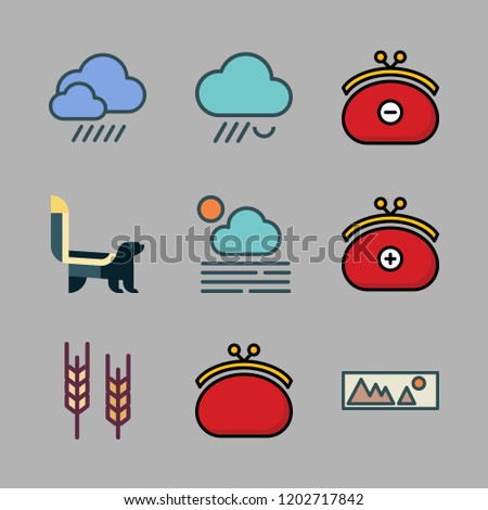 autumn icon set. vector set about fogg, rain, purse and landscape icons set.