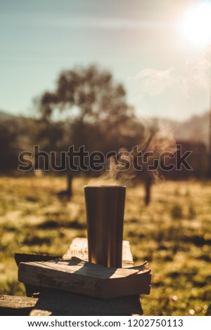 Breakfast with a book in the open air, warm blanket, Steam over a thermo cup. Open book on nature. Book and drinking coffee. Reading at outdoor. Autumn, Summer