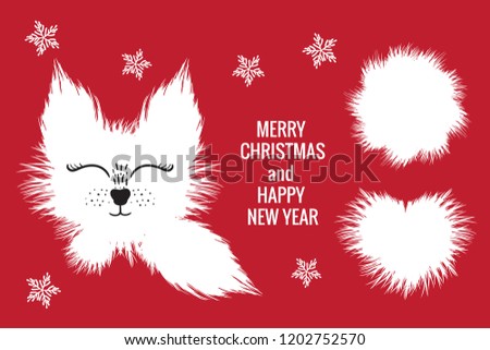 Merry Christmas and Happy New Year card with white cute fox adn fur heart round. Vector illustration isolated on red background.
