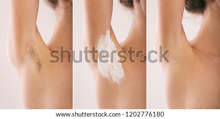 Woman armpit. Hairy. Before and after.