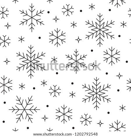 Seamless pattern with black snowflakes on white background. Flat line snowing icons, cute snow flakes repeat wallpaper. Nice element for christmas banner, wrapping. New year traditional ornament.