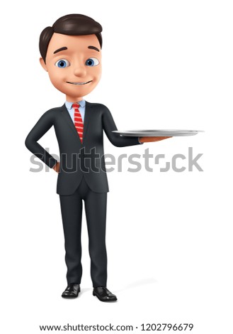 Businessman with a tray on a white background. 3d render illustration.