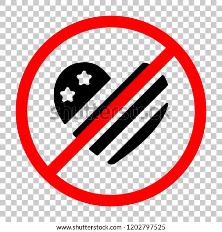 simple USA flag icon. Heart shape. Not allowed, black object in red warning sign with transparent background