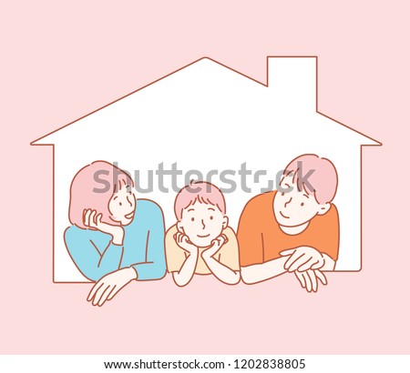 Three kids on the window of the house are looking at the front with their arms around. hand drawn style vector design illustrations.