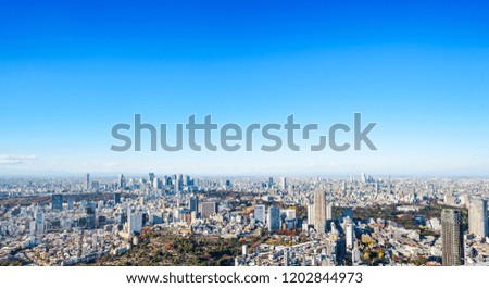 Asia Business concept for real estate and corporate construction - panoramic modern city skyline bird eye aerial view under bright sun and blue sky in Tokyo, Japan