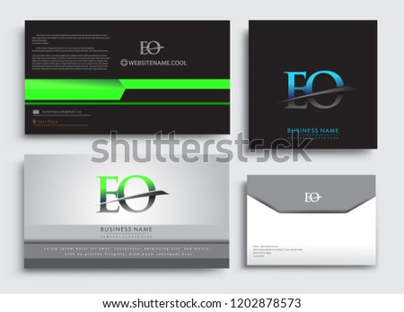 Clean and simple modern Business Card Template, with initial letter EO logotype company name colored blue and green swoosh design. Vector sets for business identity, Stationery Design.