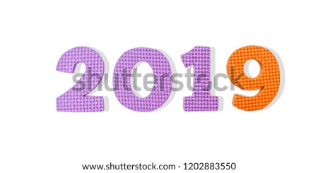Purple and orange color numbers 2019 in horizontal isolated on white background. for Christmas and New year,clipping path